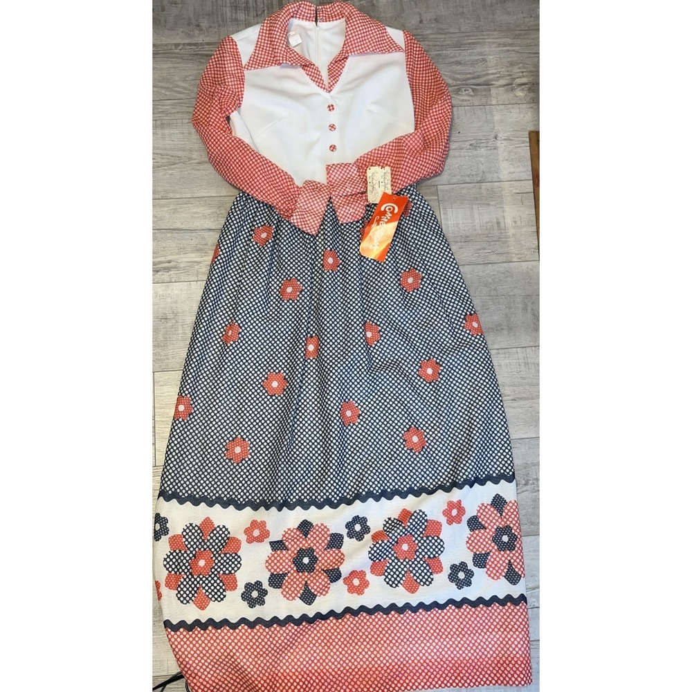 Vintage 1960s Connections Floral Cotton  Dress Red Blue Maxi Long Sleeve